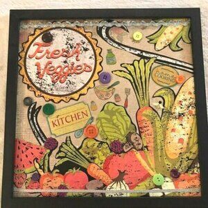 Country Kitchen Veggies Handmade Collage Framed Picture OOAK Farmhouse Decor